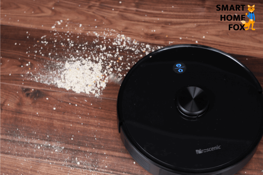 The Proscenic M7 Pro robot vacuum removes oatmeal during the suction review on laminate flooring